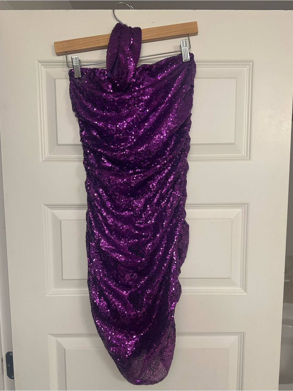Sequin tube top Ruched Dress in Purple with choker necklace
